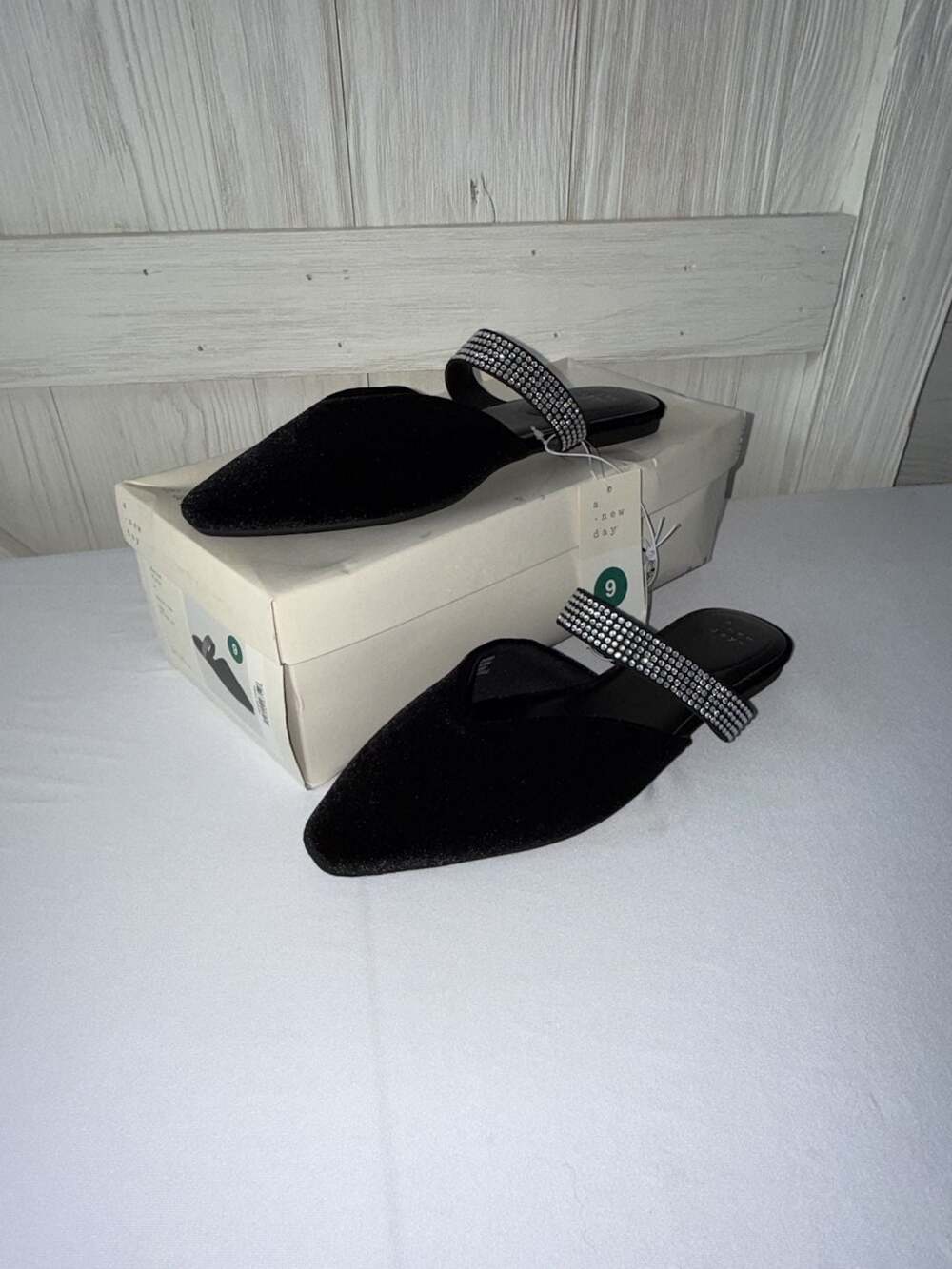 A New Day Black Velvet Rhinestone Strap Flat Mules Size 9